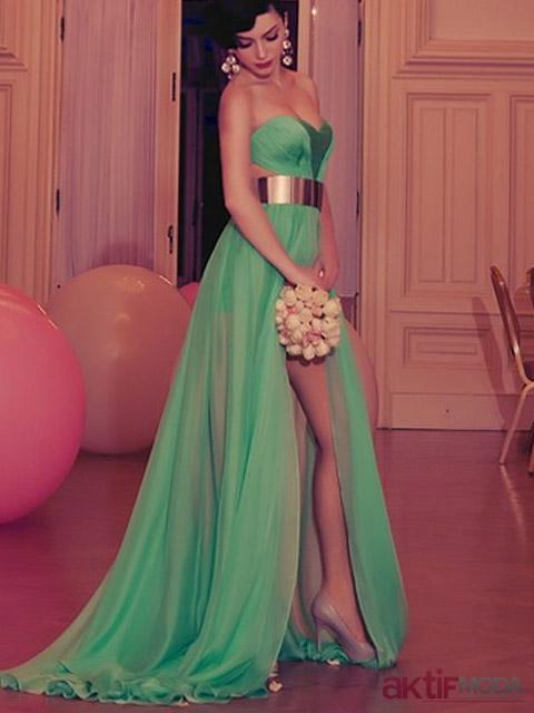 Yeşil Kemerli Kır Düğünü Elbise Modeli