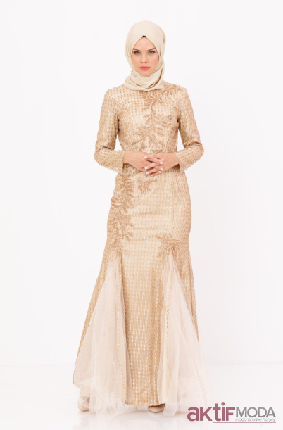 Krem Tesettür Abiye Elbise Modelleri 2023