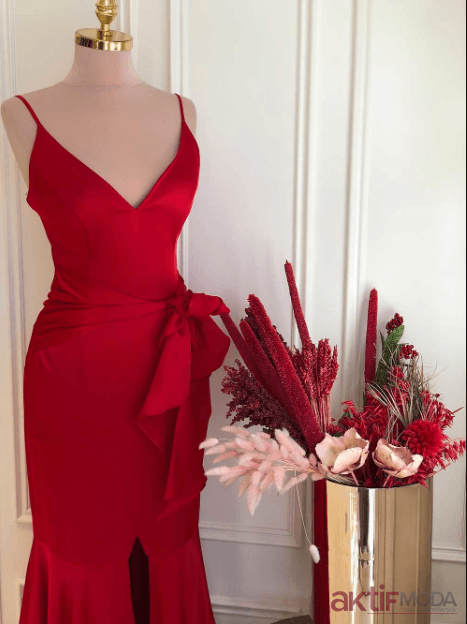 Askılı Kırmızı Abiye Elbise Modelleri 2019 - Kırmızı Abiye Modelleri