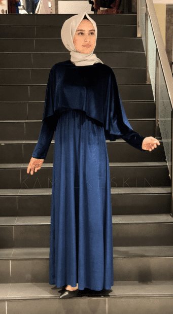 Lacivert Kadife Tesettür Elbise Modelleri 2023